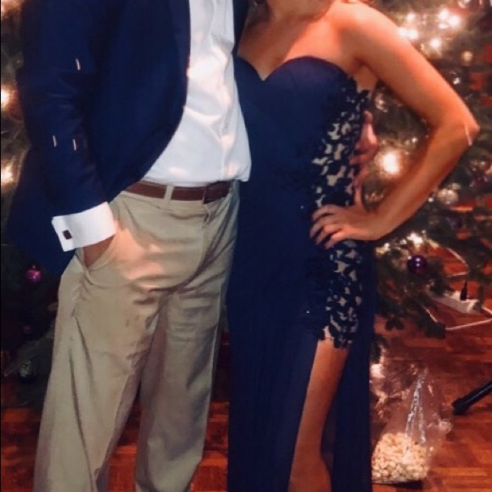 Navy blue Sherri Hill dress with jeweled detail